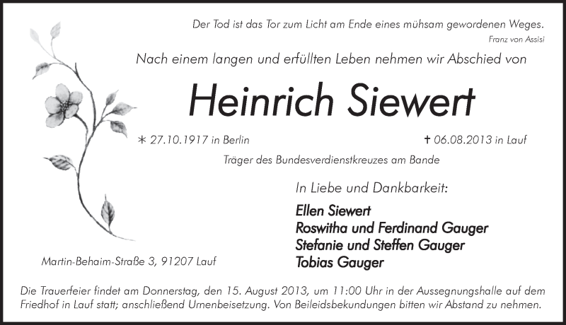  Traueranzeige für Heinrich Siewert vom 10.08.2013 aus Pegnitz-Zeitung